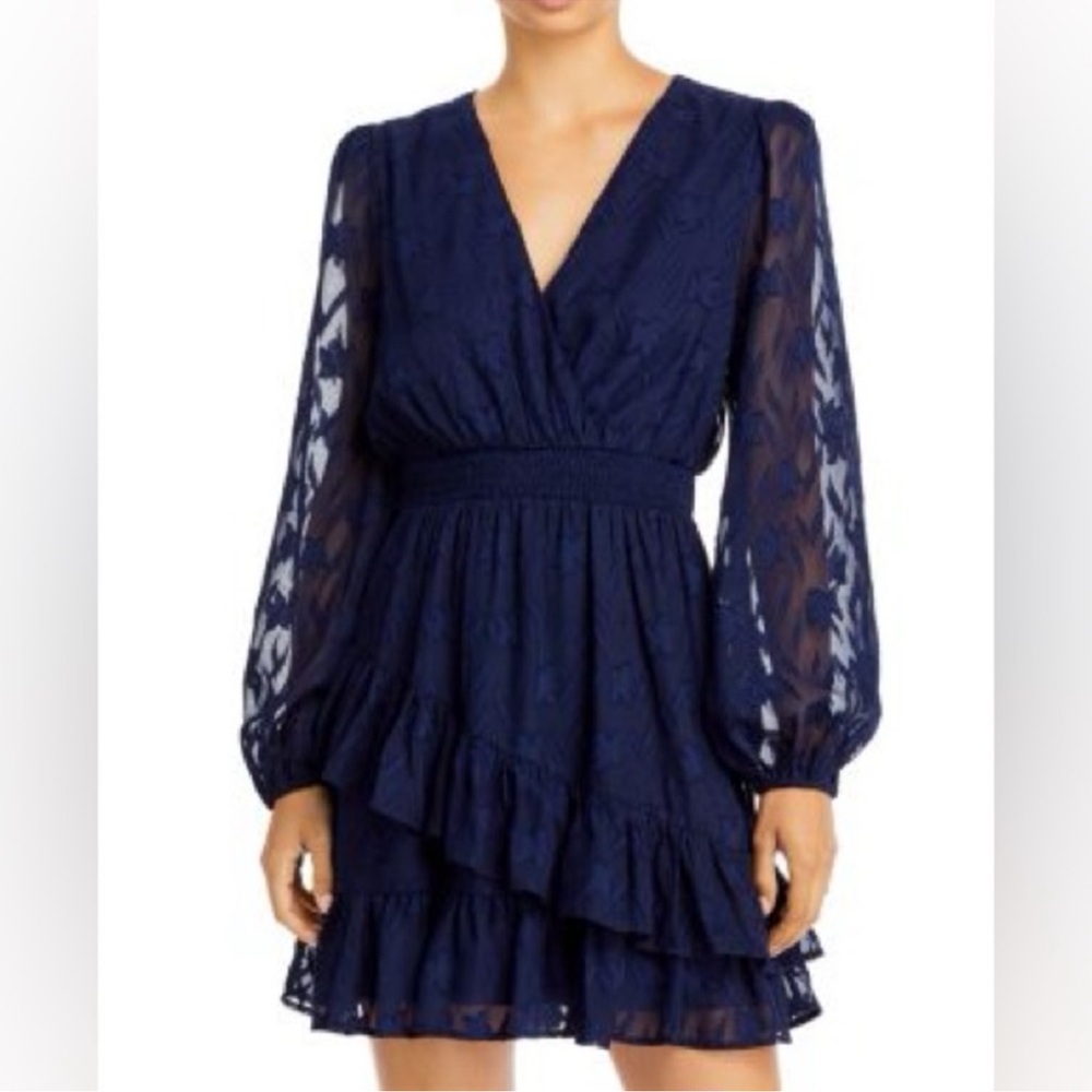 Aqua asymmetrical v neck faux wrap ruffle butterfly navy blue dress sheer lace